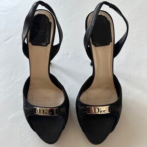 DIOR Vintage Monogram Peep Toe Heel Black with Silver Logo Charm | Size 37.5